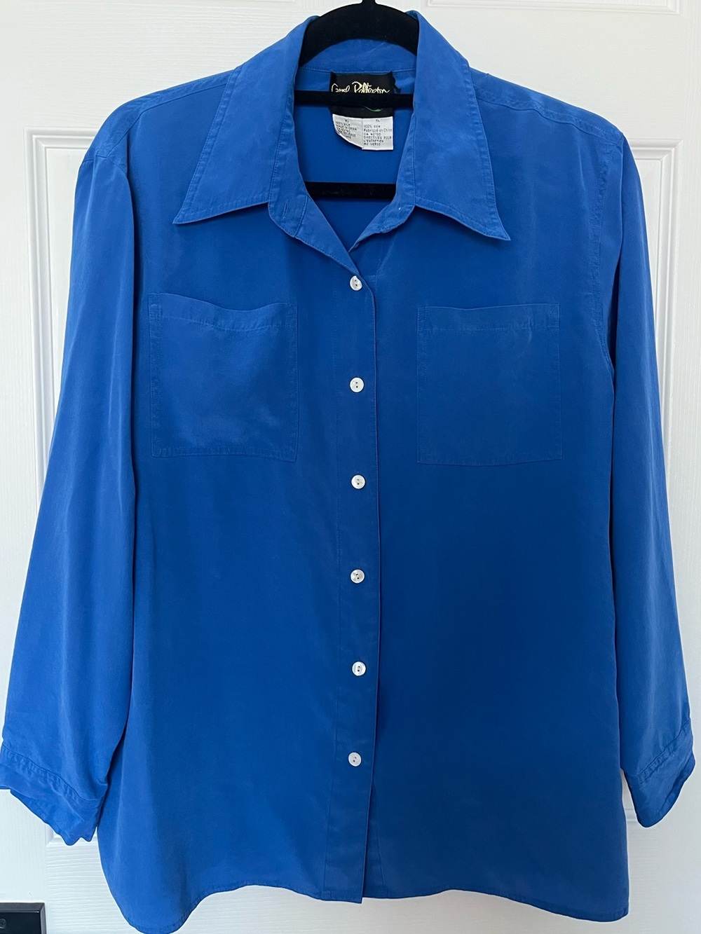 Vintage Carol Patterson Vibrant Cobalt Blue Silk Button-Up Shirt